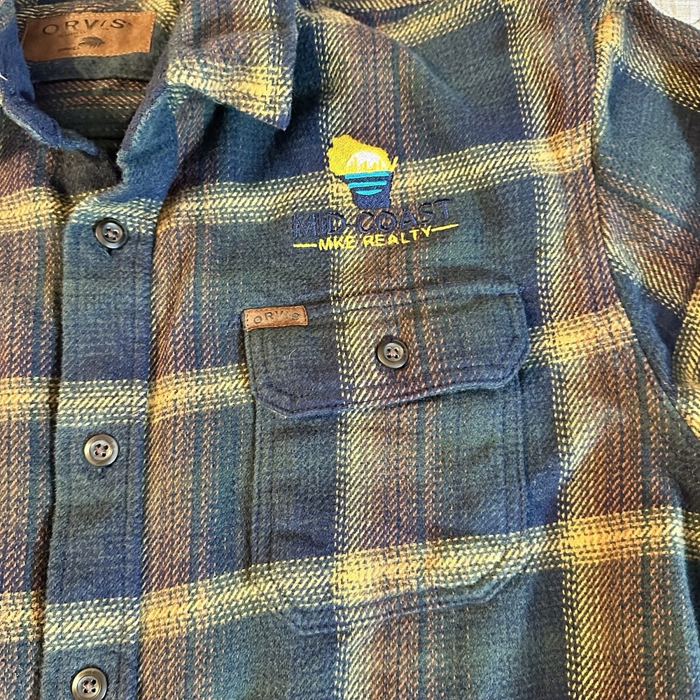 Orvis Plaid Flannel Shirt Mens Large Button Front Cotton Workwear Outdoors Patch - Picture 7 of 8